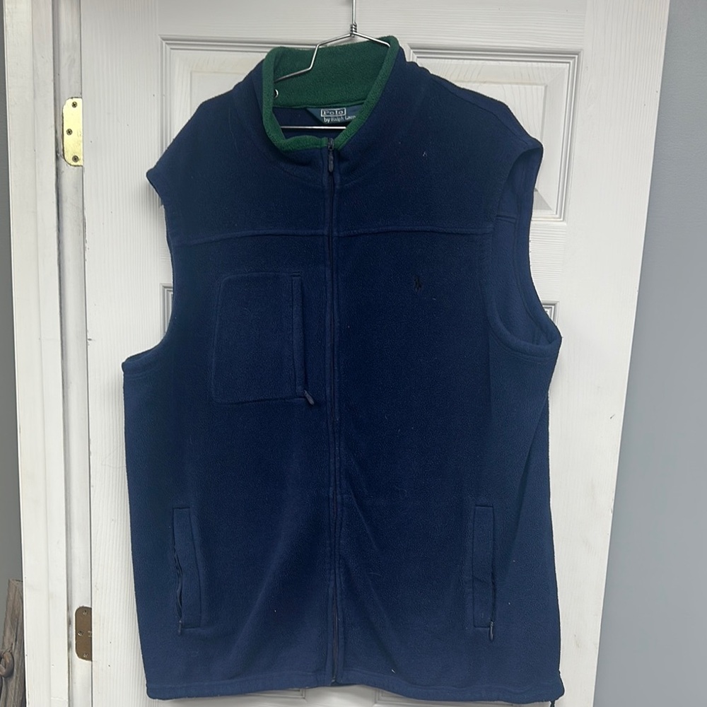 Ralph Lauren Blue Fleece Vest with Stand-Up Collar and Zipper Closure